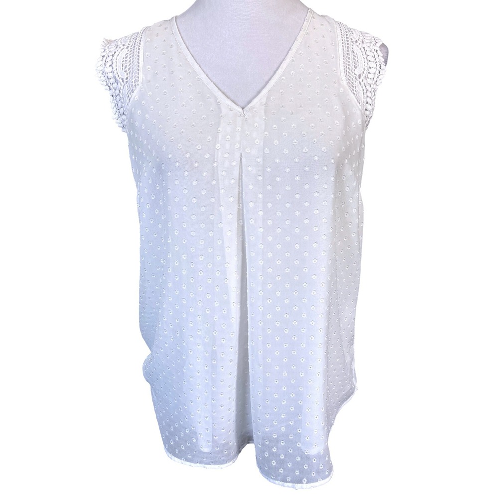 Daniel Rainn Sleeveless Sheer Blouse Ivory White Swiss Dot Crochet Lace V-Neck M